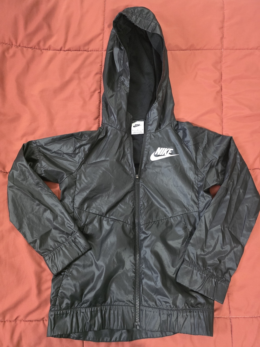 Nike Kids Black Hooded Rain Jacket with White Logo
